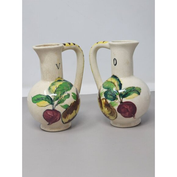 Vintage Hand Painted Oil And Vinegar Cruet‎ Set Mid Century Marked Italian Style - Picture 1 of 11